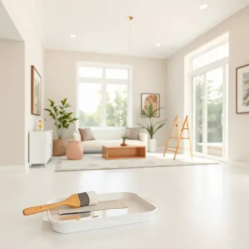 Freshly painted modern interior in Laurel, VA with beige walls, natural light, and professional painting tools.