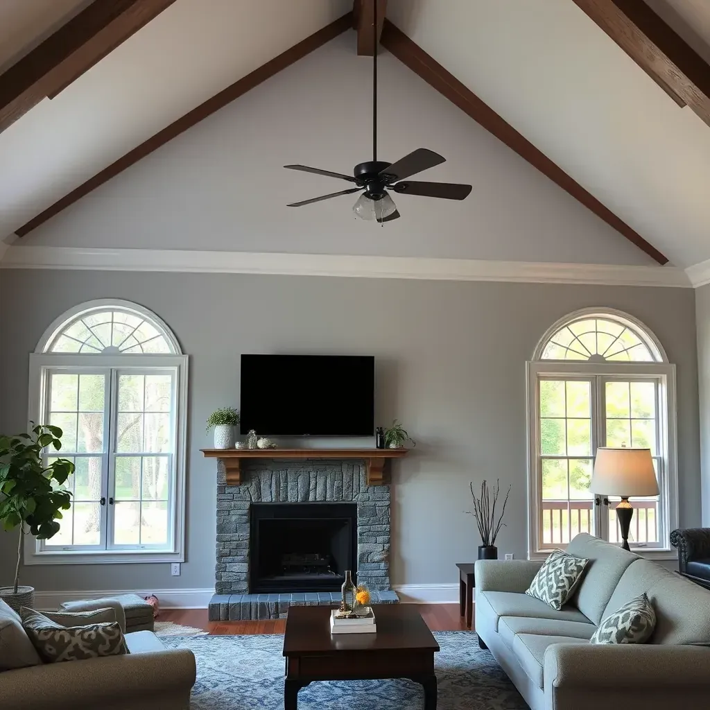 Interior living room in Rockwood, VA with beige walls, white trim, modern sofa, and visible painting tools.