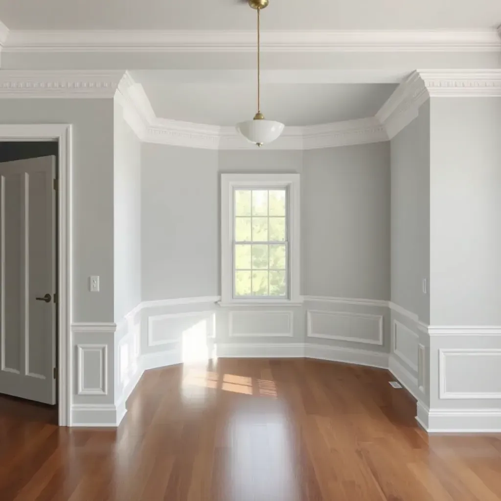 Spacious New Kent, VA living room with freshly painted beige walls, white trim, polished hardwood floors, and organized painting supplies.