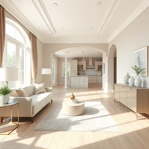 Bright modern Meadowbrook VA living room with beige and gray walls, crown molding, plush rug, stylish furniture, and natural light