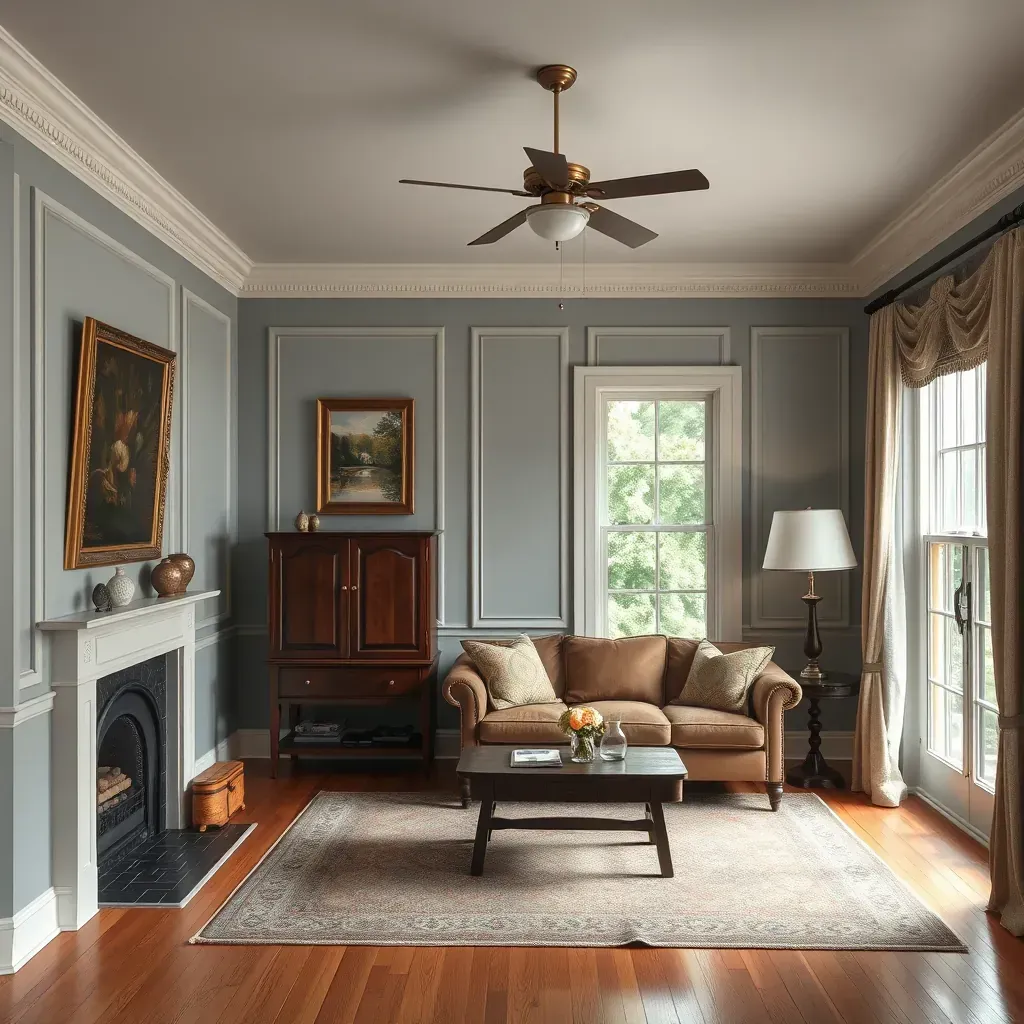 Interior living room in Goochland, VA with freshly painted beige or blue walls, white crown molding, and cozy decor.