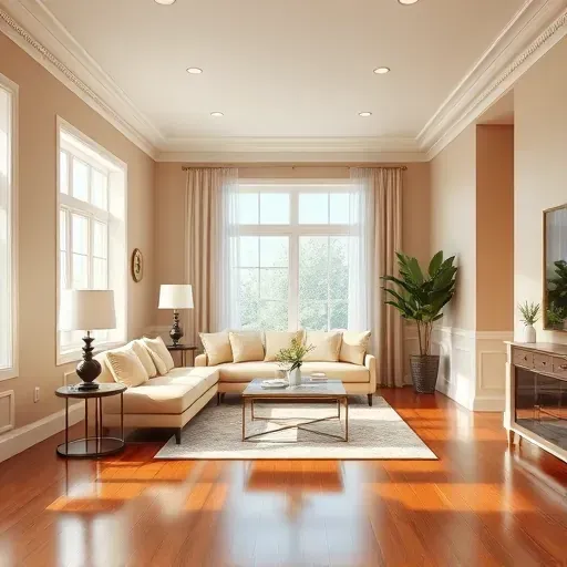 Finished interior painting of a spacious Dumbarton VA living room with warm neutral walls, polished hardwood floors, and elegant crown molding