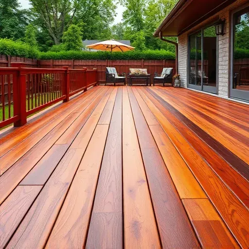 Beautiful finished wooden deck in Richmond VA with rich tones, smooth grain, lush backyard, and modern patio under natural light