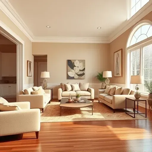 Freshly painted beige living room in Goochland, VA with crown molding, hardwood floors, and natural sunlight.