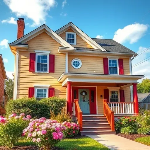 Freshly painted suburban home in Elmont VA, showcasing vibrant colors, detailed trim, and a blooming garden.