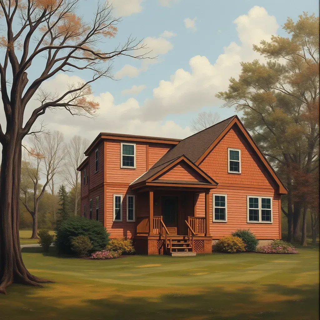 Serene Midlothian, VA landscape featuring green meadows, historic brick building, oak trees, creek, rolling hills, and blue sky.