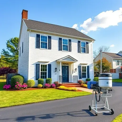 Freshly painted two-story colonial home in Colonial Heights VA with navy shutters, vibrant gardens, and clear skies.