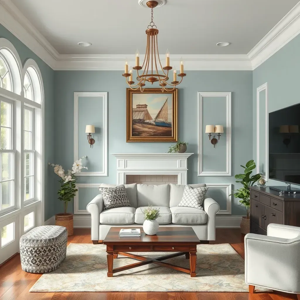Spacious Chester, VA living room with freshly painted light gray walls, white crown molding, dark hardwood floors.