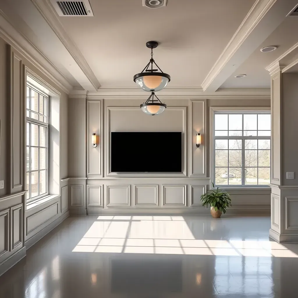 Spacious Richmond commercial interior with freshly painted beige walls, white trim, hardwood floors, and painting tools present.