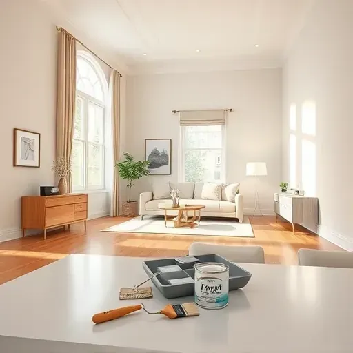 Freshly painted neutral interior with natural light, modern windows, hardwood floors, and organized painting tools in Meadowbrook VA