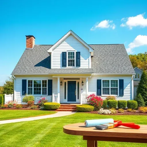 Completed painting project of a charming suburban home in Glen Allen VA with white exterior and navy blue shutters.