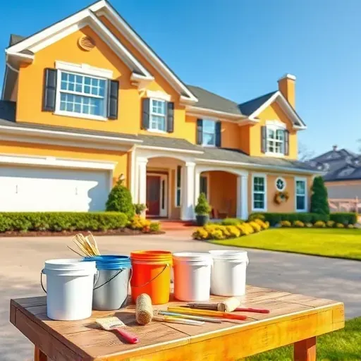 Freshly painted residential home in Montrose VA with vibrant colors, lush landscaping, and paint supplies on a table.