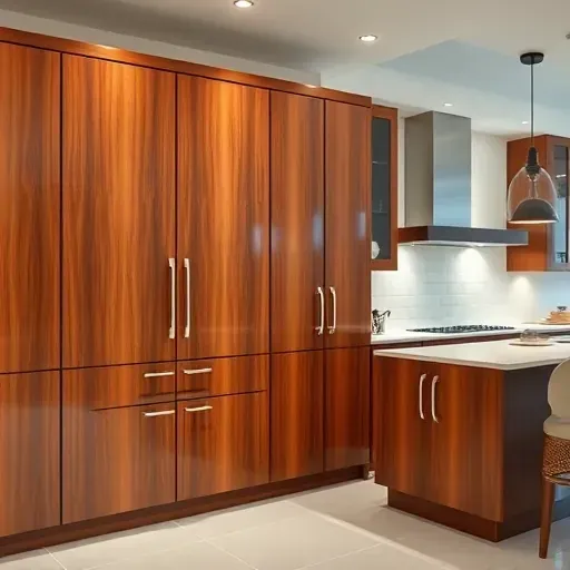 Modern kitchen with sleek glossy wood cabinets, contemporary hardware, ambient lighting, and polished surfaces highlighting craftsmanship