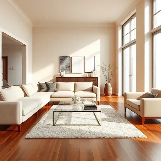 Modern Hanover VA living room with flawless neutral walls, hardwood floors, natural light, stylish furniture, and decorative art