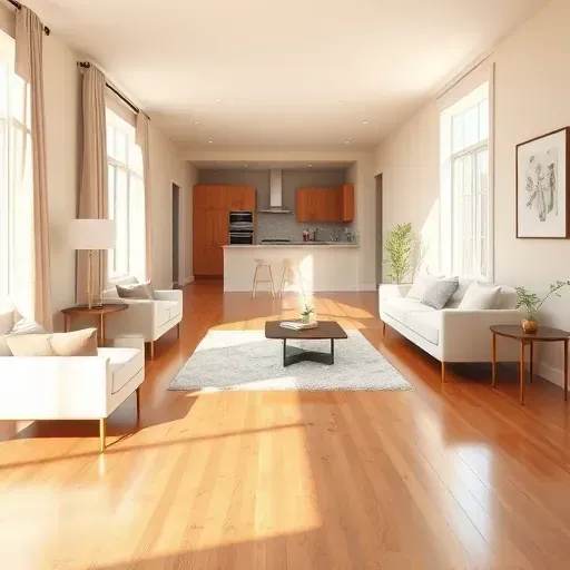 Freshly painted neutral-toned living room in East Highland Park VA with modern furniture, natural light, and open-concept kitchen