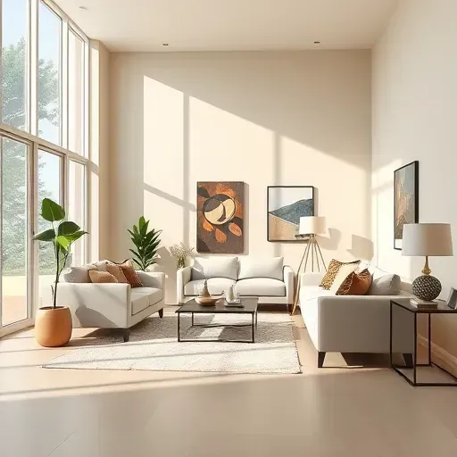 Modern living room interior in Elmont, VA with fresh beige walls, natural daylight, stylish furniture, and tasteful décor.