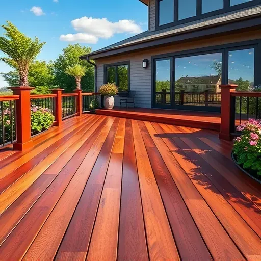 Freshly stained wooden deck in Richmond VA with vibrant mahogany hues, lush greenery, and modern home backdrop