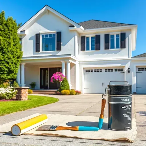 Freshly painted modern home in Richmond, VA, showcasing quality craftsmanship, lush garden, and professional painting tools.