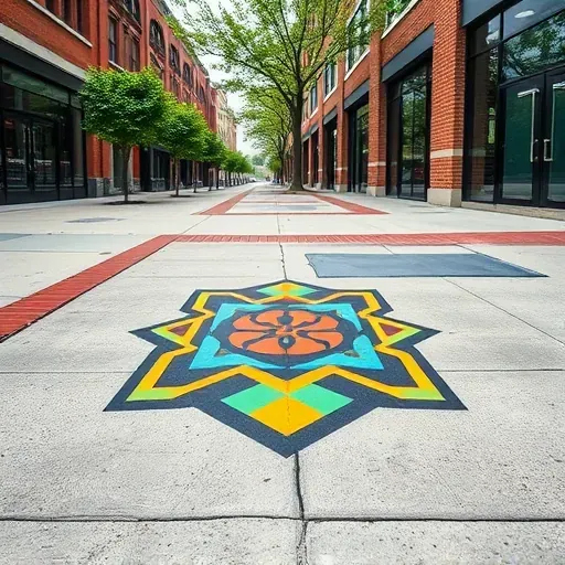 Freshly painted vibrant geometric sidewalk art in Richmond VA with bold colors, urban setting, and detailed craftsmanship