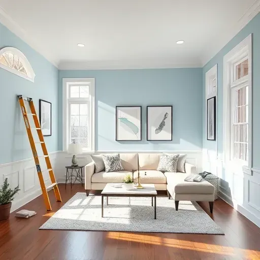 Completed painting project in Midlothian VA showing a light blue living room with white trim, modern art, and hardwood flooring.
