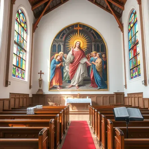 Lifelike image of a detailed biblical painting inside a Richmond VA church with stained-glass windows and wooden pews