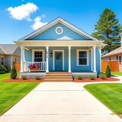 Freshly painted light blue single-family home in New Kent VA with inviting porch and colorful flower boxes.