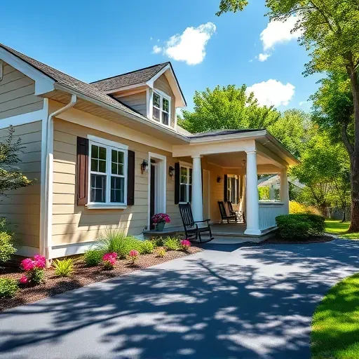 Freshly painted home in Laurel VA, featuring beige walls, white trim, blooming gardens, and a sunny porch.