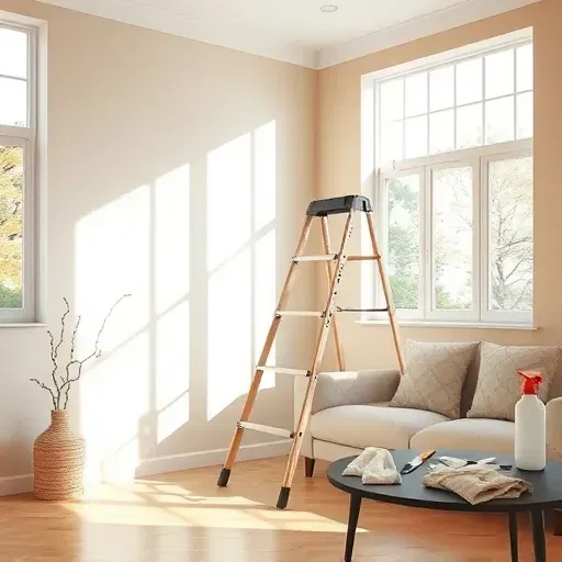 Professional wallpaper removal scene in Richmond VA featuring a clean room, ladder, tools, natural light, and modern home decor