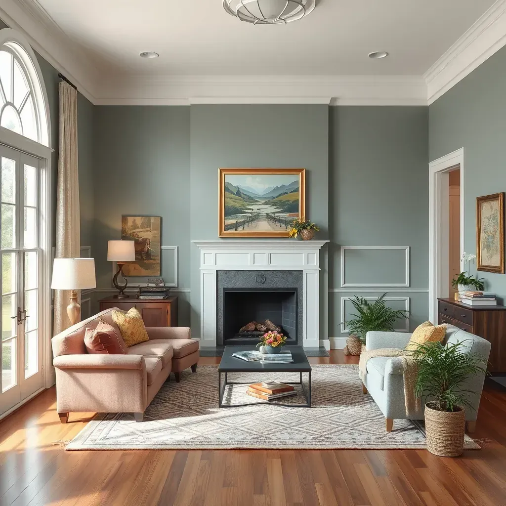 Interior living room in Montrose, VA with freshly painted taupe walls, natural light, and visible painting supplies.