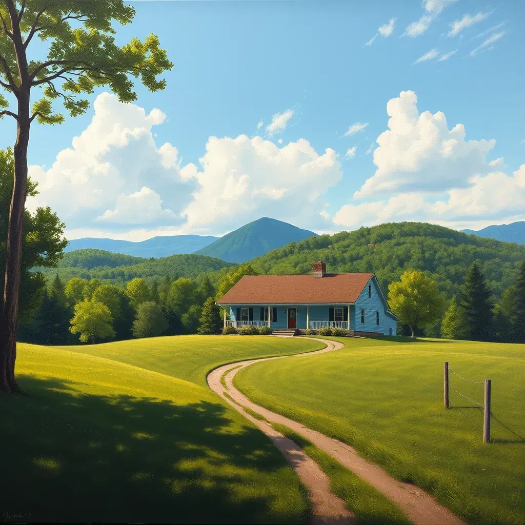 A peaceful scene of Rockwood, VA featuring scenic mountains, lush greenery, and a quiet rural landscape.