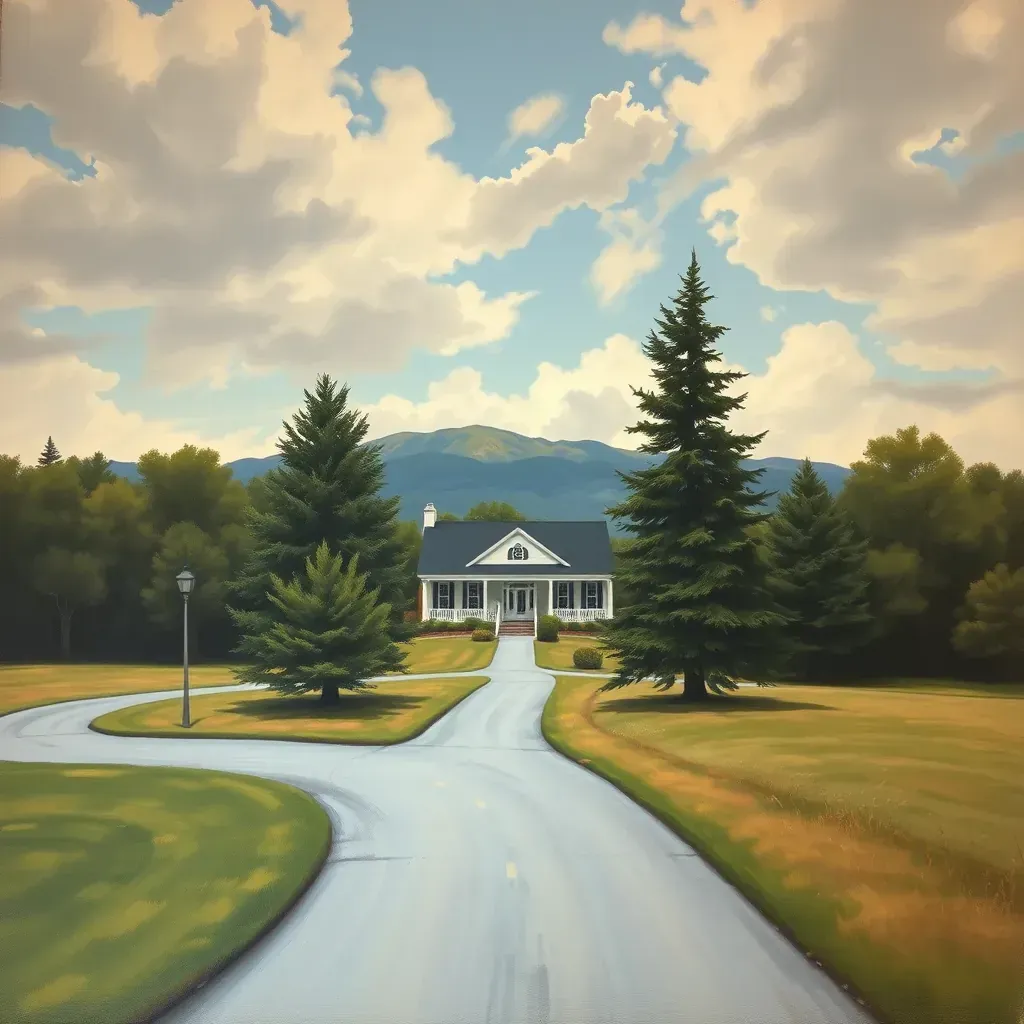 A detailed painting of Bellwood, VA showcasing scenic landscapes, quaint homes, and lush greenery.