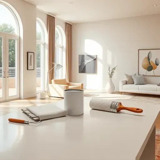 Freshly painted neutral-toned interior with organized painting tools, natural light, modern decor, showcasing professional interior painting in Ashland VA