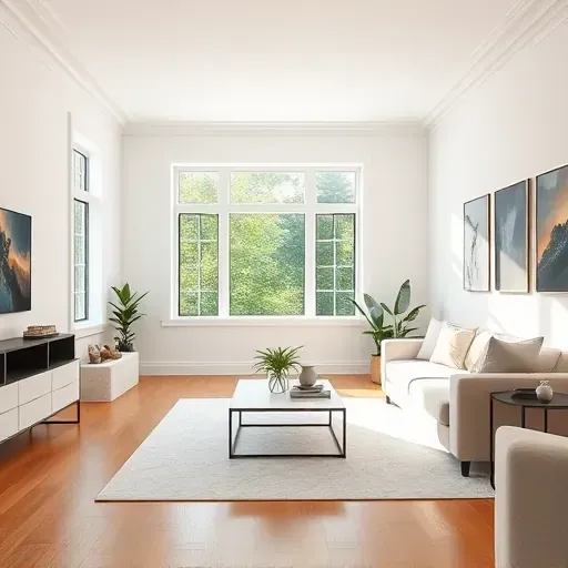 Freshly painted white walls in a modern, well-lit living room with elegant decor, polished hardwood floors, and lush greenery outside.