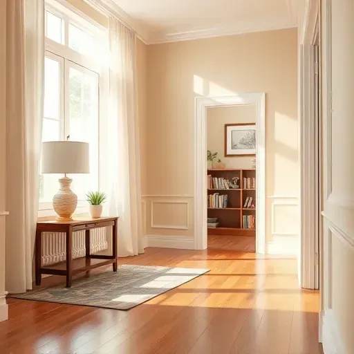 Interior Richmond VA room with beige walls, white trim, hardwood floor, natural light, modern decor, and artwork