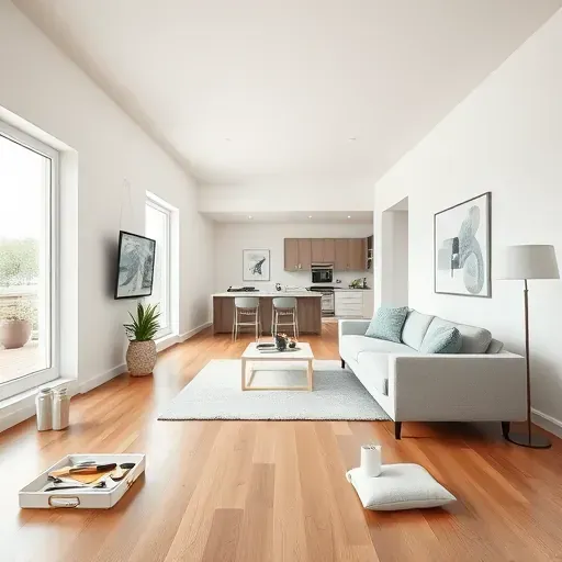 Freshly painted living area in Dumbarton VA showcasing a clean neutral palette, large windows, and polished hardwood floors.
