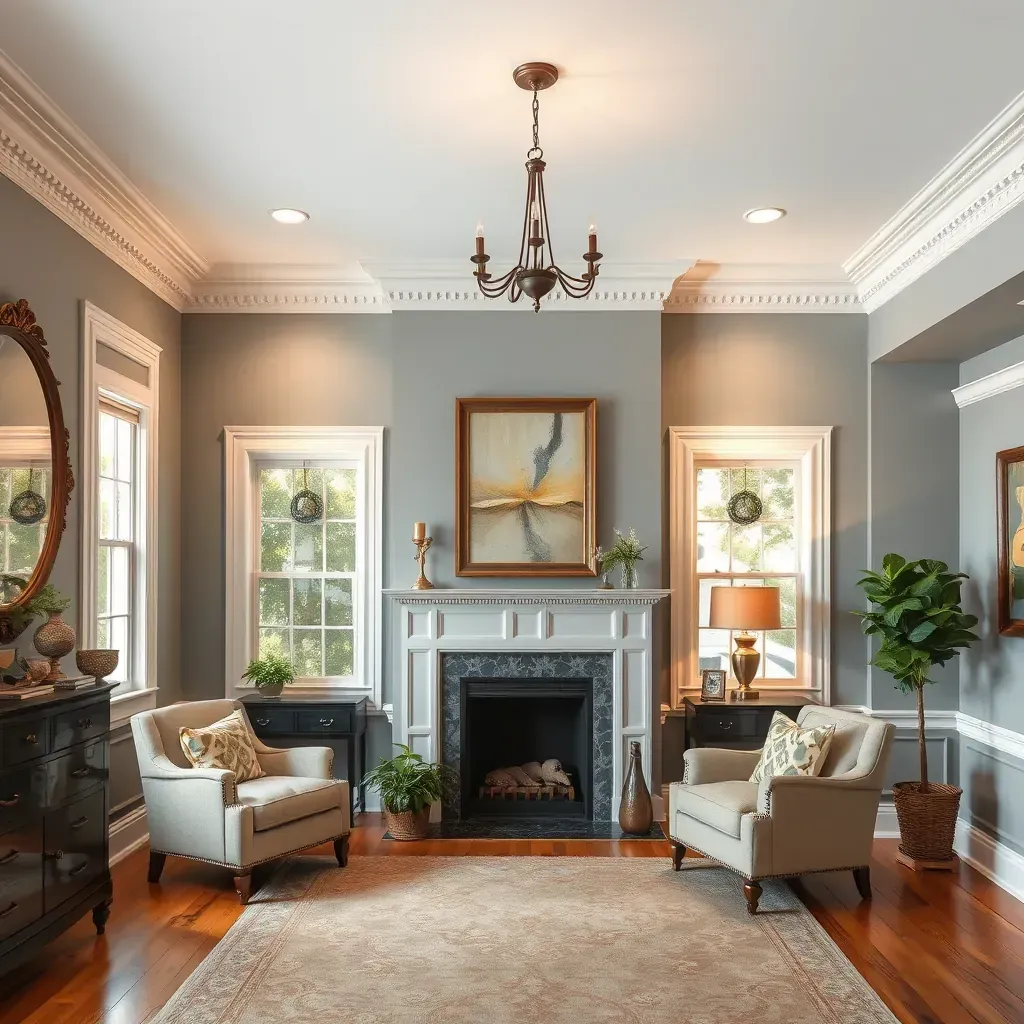 Interior room in Providence Forge, VA with freshly painted walls, crown molding, natural sunlight, and organized painting tools.