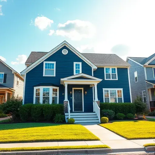 Freshly painted house in Powhatan VA with navy blue facade, white trim, lush landscaping, and serene suburban setting.