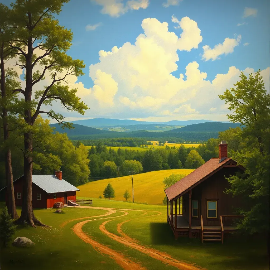 Serene Hanover, VA landscape with rustic farmhouse, green hills, trees, dirt road, distant barns, and clear blue sky.