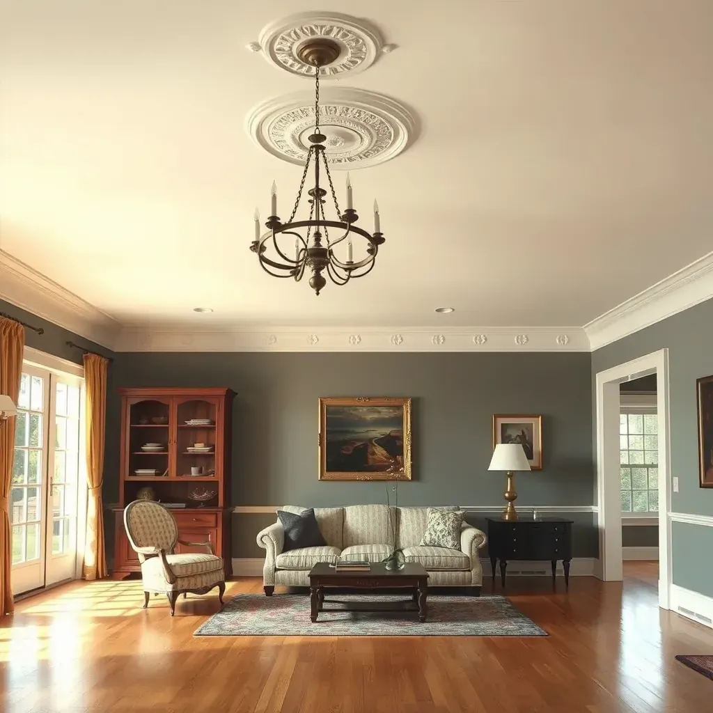 Spacious Petersburg, VA living room with beige walls, white crown molding, hardwood floors, natural light, and stylish decor.