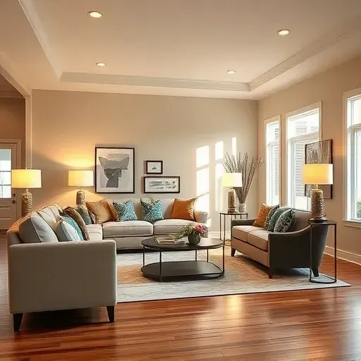 Finished living room in Quinton, VA with smooth neutral walls, modern furniture, soft lighting, and polished hardwood floors.