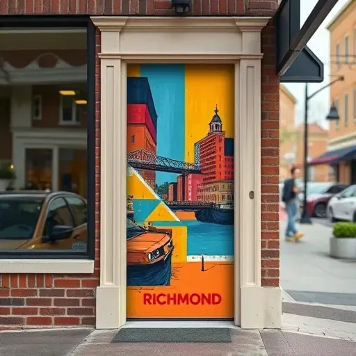 Professionally painted storefront door in Richmond VA featuring vibrant mural with local landmarks and artistic details