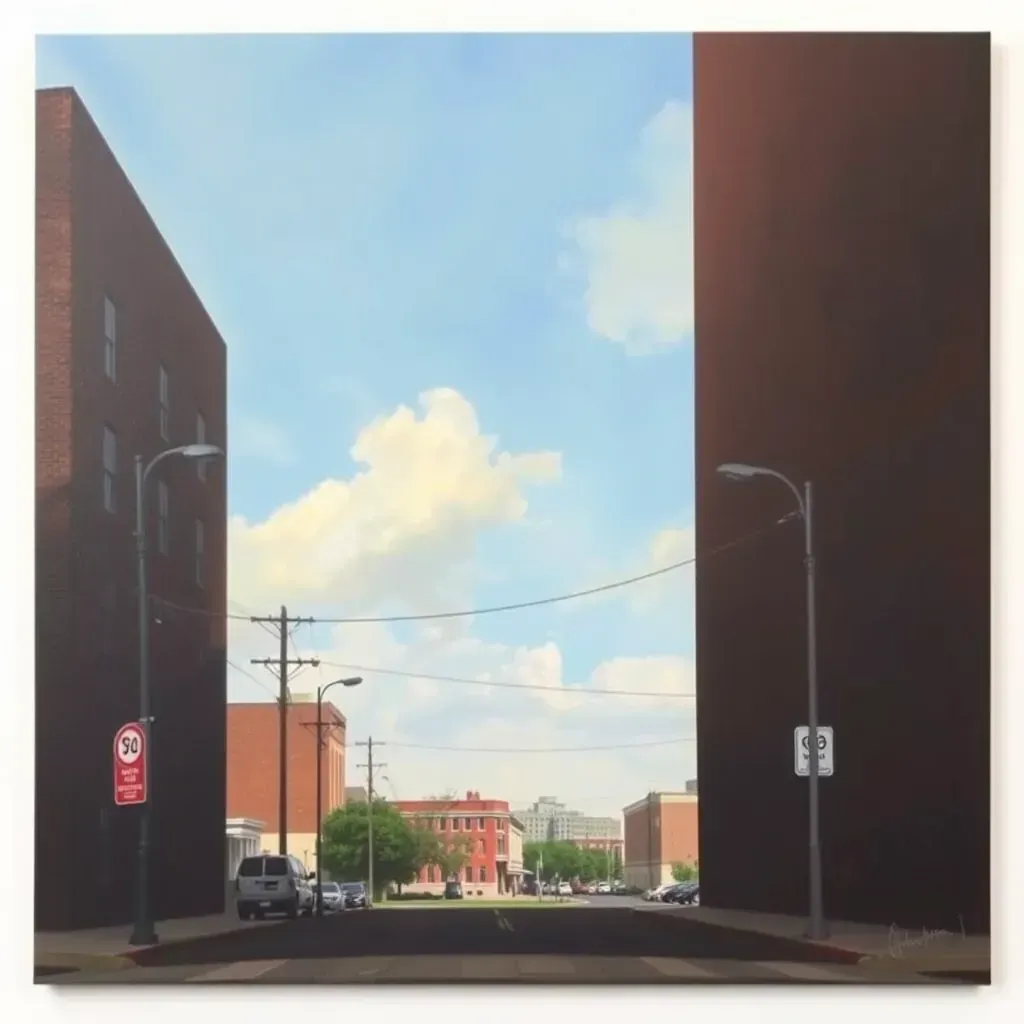 Quiet Richmond street corner with historic brick buildings, green trees, cobblestone streets, park, fountain, and James River view.