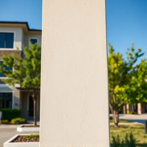 Close-up of a freshly repaired smooth stucco wall on a modern Richmond home with green trees and blue sky background.