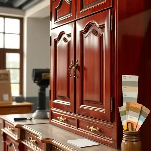Finished cherry cabinet with intricate carvings, brass hardware, and glossy surface in a modern workshop setting