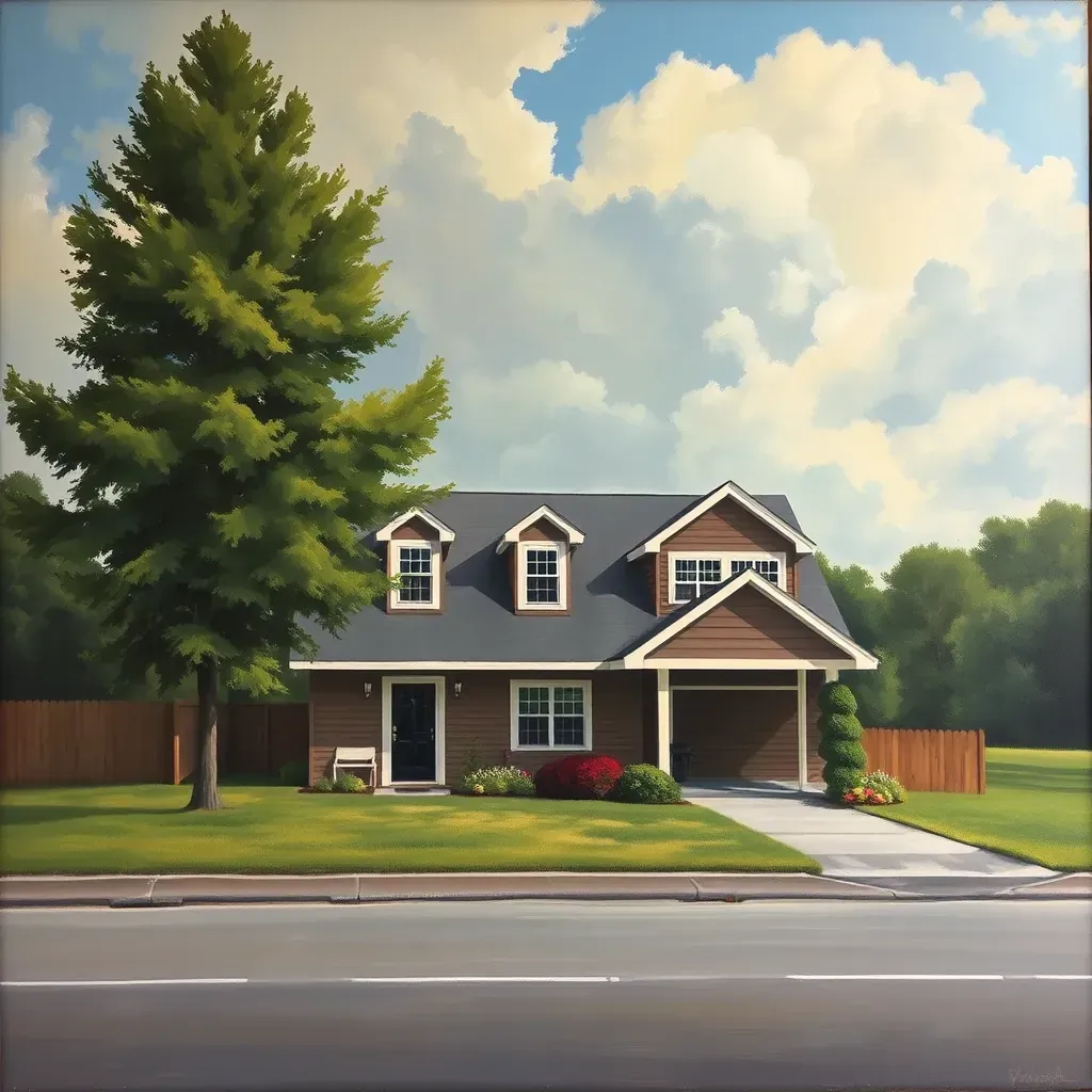 A peaceful scene of Laurel, VA featuring historic brick buildings, lush trees, rolling hills, and a clear blue sky.