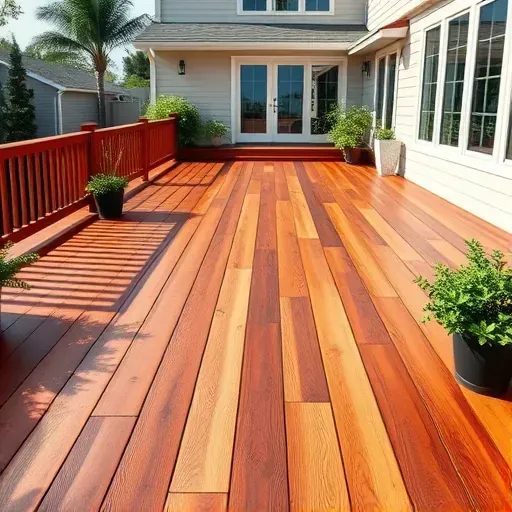 Stained wooden deck with warm tones, glossy finish, lush greenery, modern home, and well-maintained landscaping.