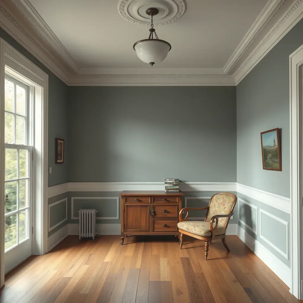 Interior painting scene in Petersburg, VA with warm beige walls, natural light, neat tools, and historic city views.