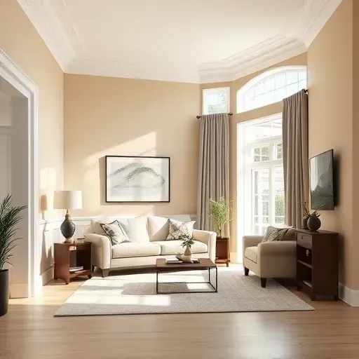 Freshly painted living room in Atlee, VA with smooth beige-gray walls, elegant molding, natural light, and tasteful decor.