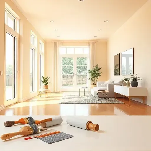 Newly painted neutral interior room in Atlee, VA with tools, modern decor, natural light, and pristine, even walls.