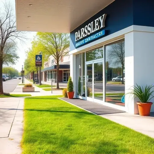 Well-maintained Bensley, VA painting contractor's shop with vibrant walls, glass windows, landscaped yard, and inviting storefront.